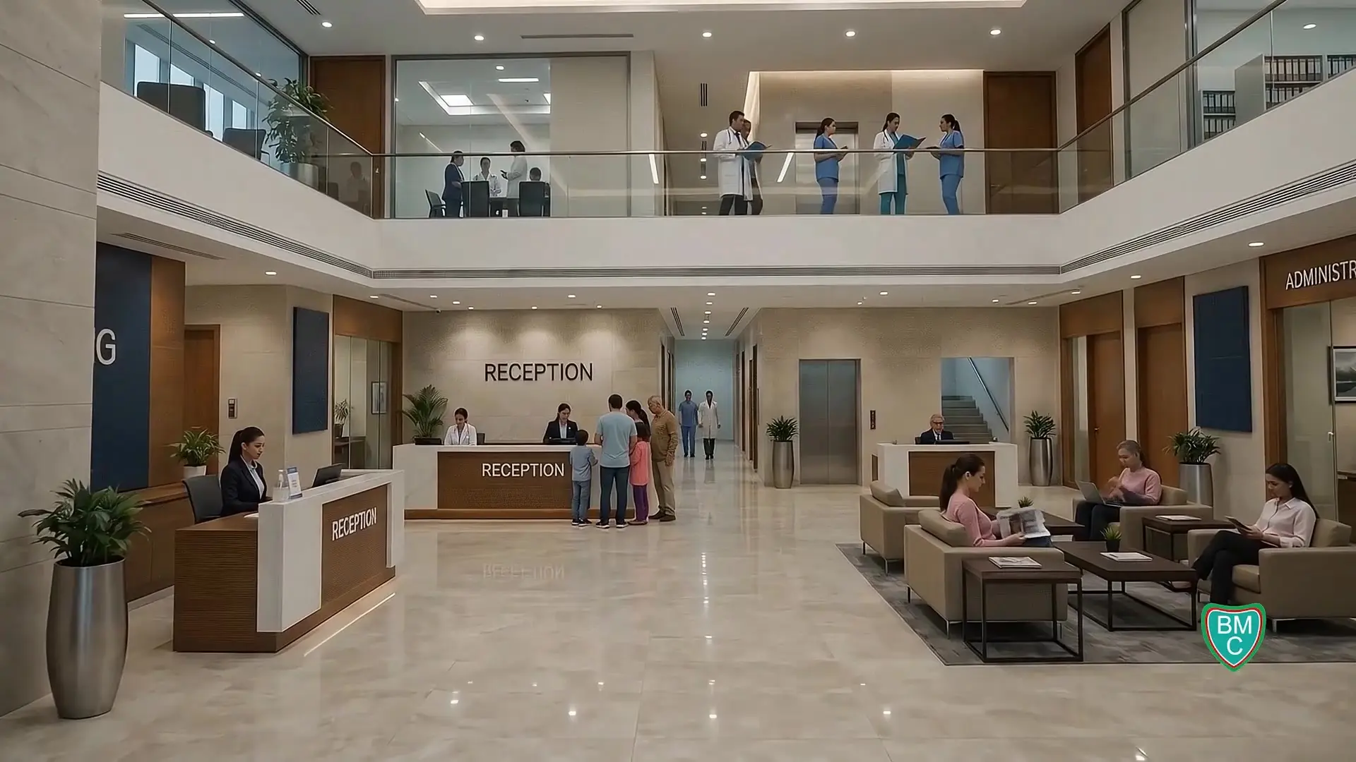 Original project film view of the proposed reception atrium and its connected levels
