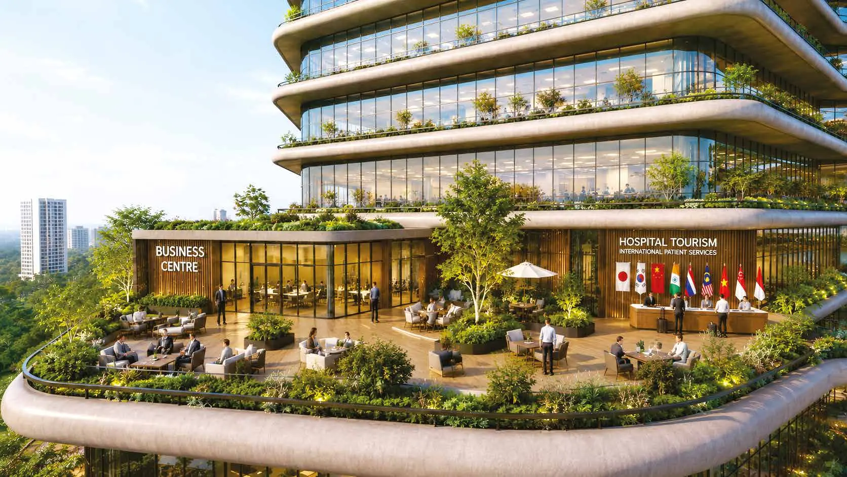 Architectural concept of a planted sky lobby and business centre with generous seating