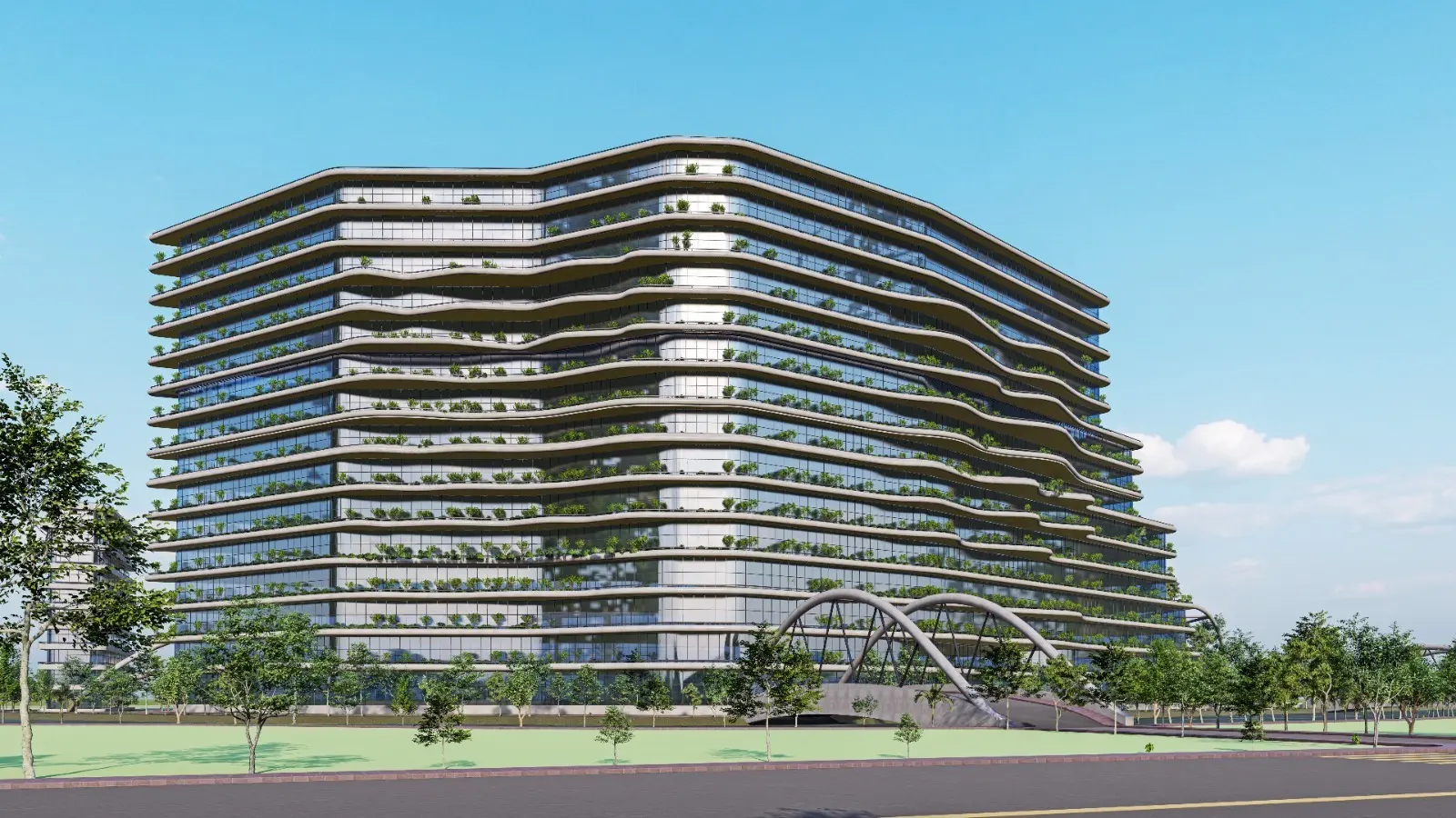 Supplied front elevation of the proposed building; interactive model loads when available