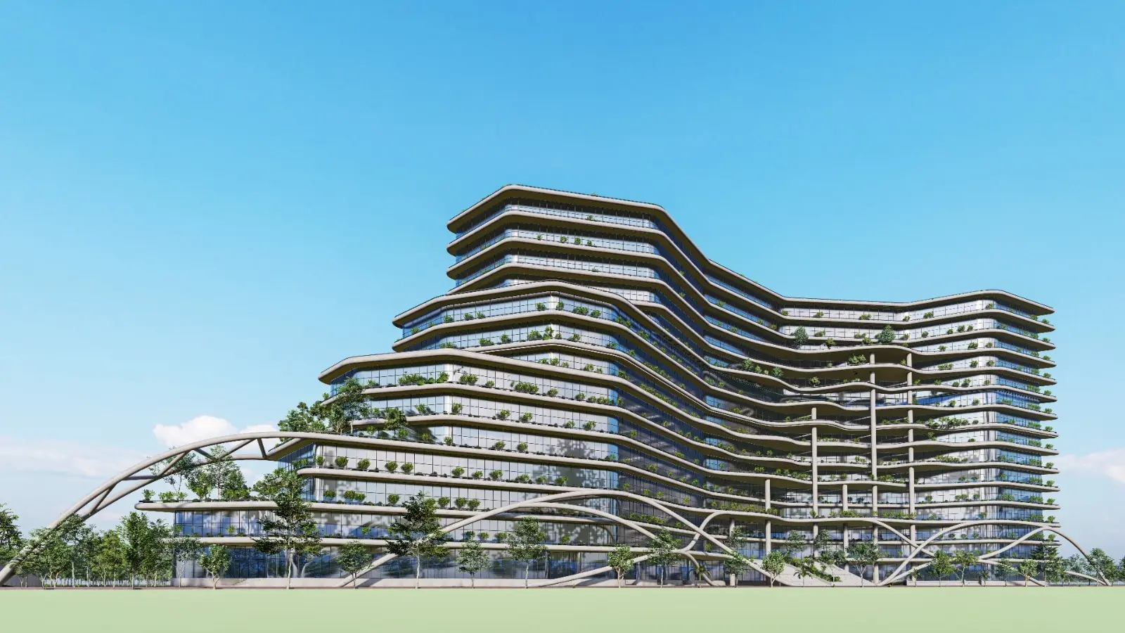 Proposed curved terraces and planted outdoor spaces at Bashundhara Medical City